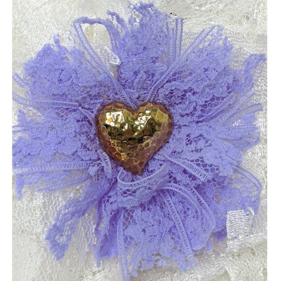 Cream Vintage Lace Choker Artisan Necklace Romantic Purple Gold Heart Adjustable - Picture 6 of 10